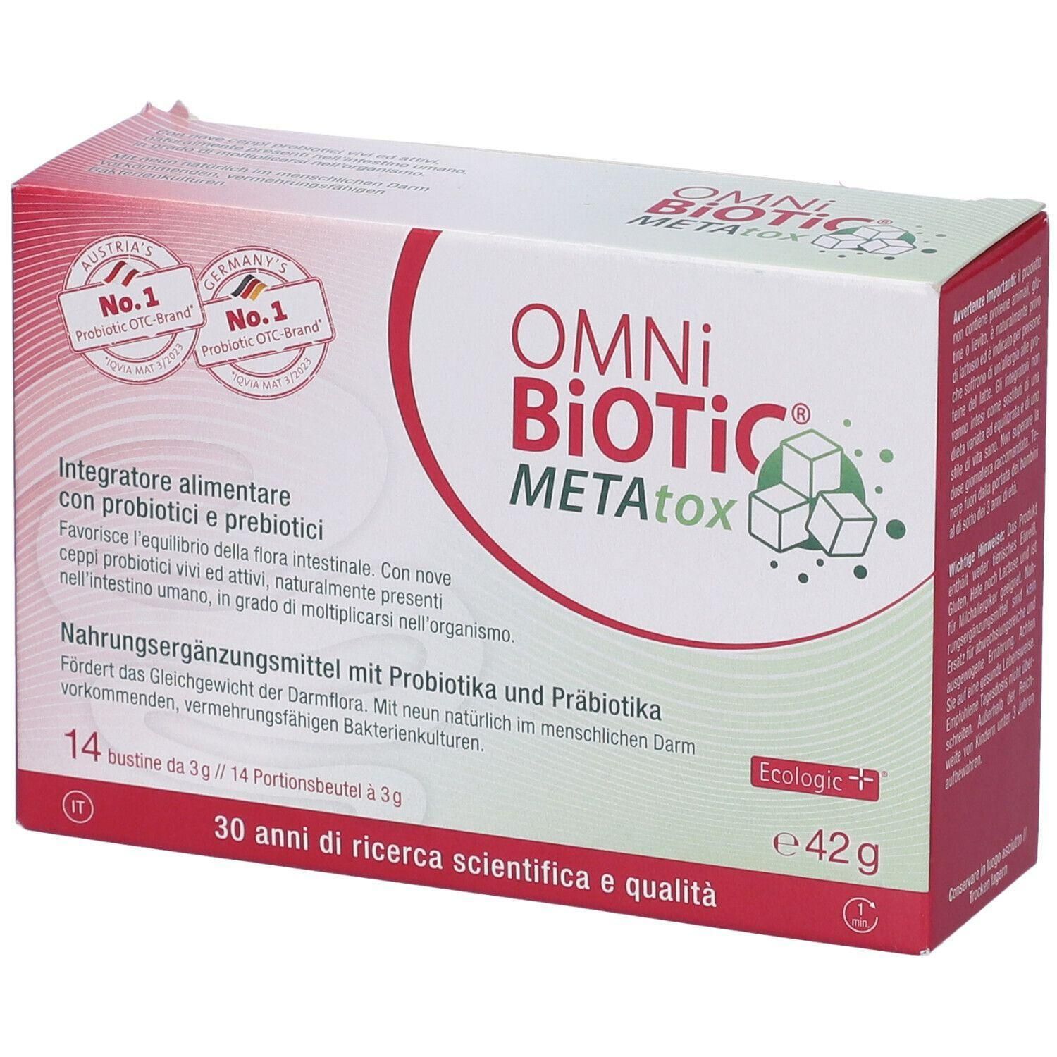 Omni Biotic Metatox: 14 bustine da 3g, integratore alimentare con probiotici e prebiotici.