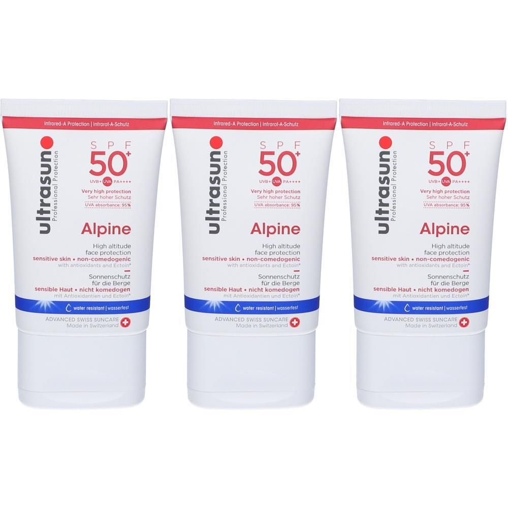 Tre tubi Ultrasun Alpine SPF 50+ per la protezione del viso. Alta protezione per pelli sensibili.