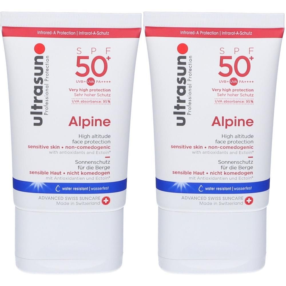Due tubetti di protezione solare Ultrasun Alpine SPF 50+ per il viso. Alta protezione per pelli sensibili.