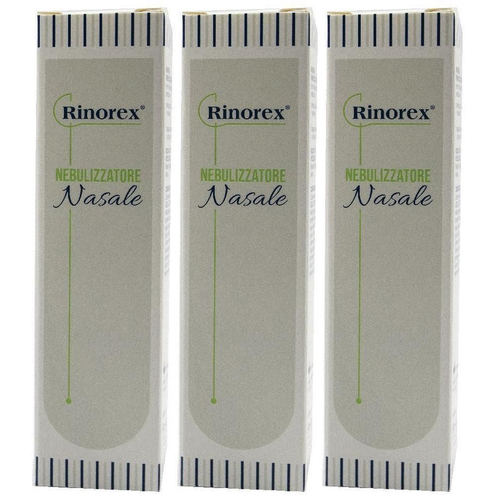 Tre confezioni di Rinorex Nebulizzatore Nasale. Scatole bianche con strisce verticali blu e nere in alto e in basso.