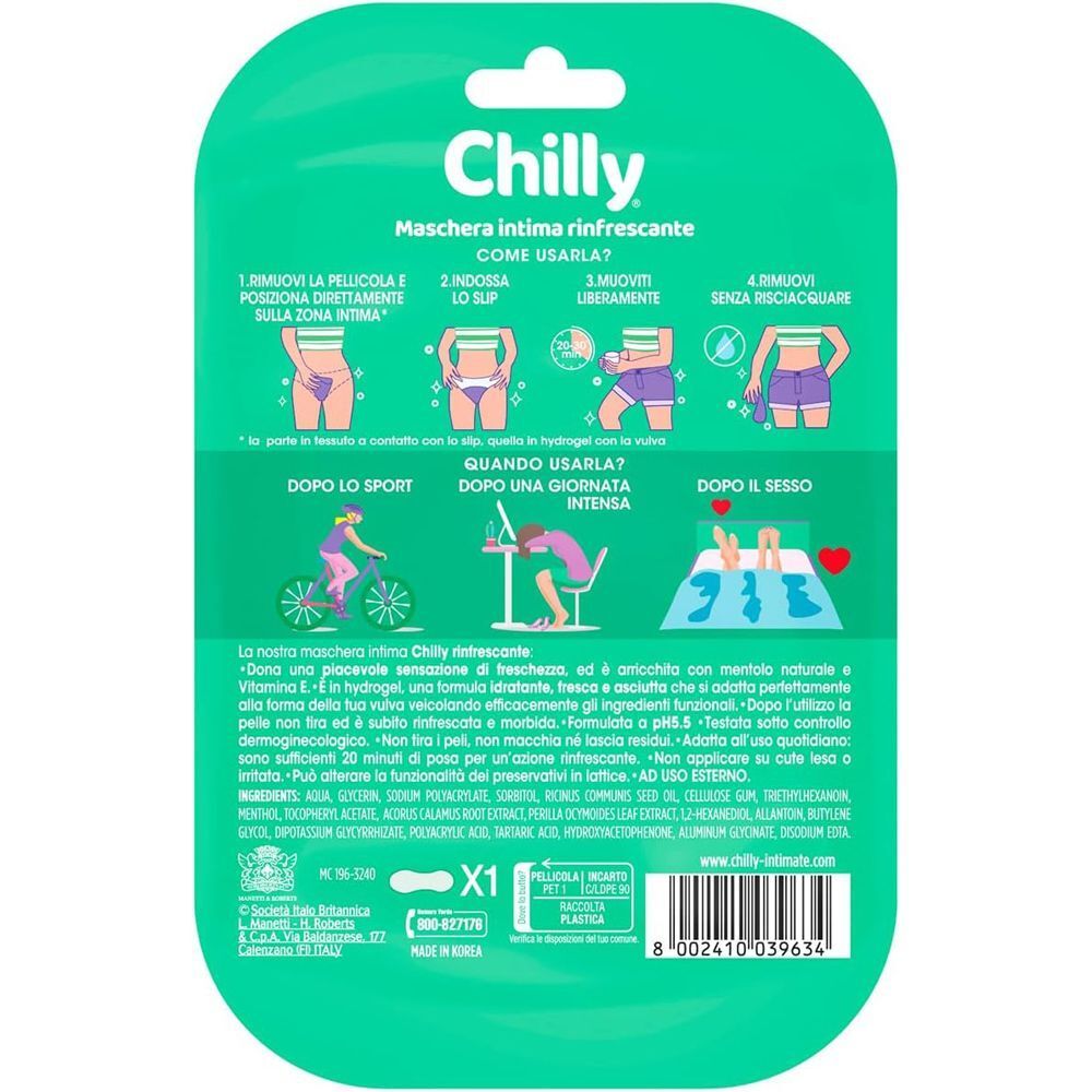 Retro della maschera intima Chilly con istruzioni d'uso e ingredienti.