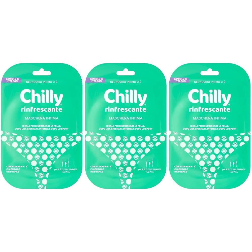 Tre confezioni di maschera intima Chilly, rinfrescante, con motivo.