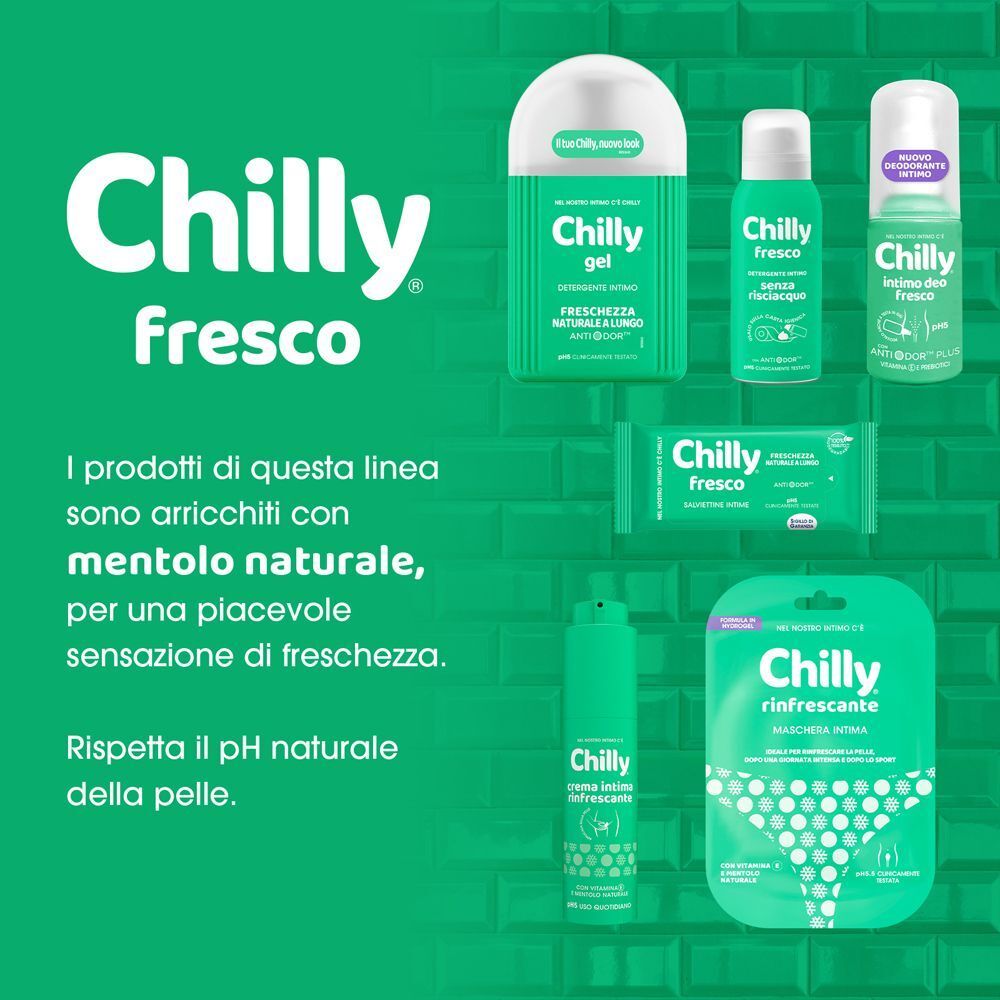 Linea di prodotti Chilly Fresco con diversi prodotti per l'igiene intima.