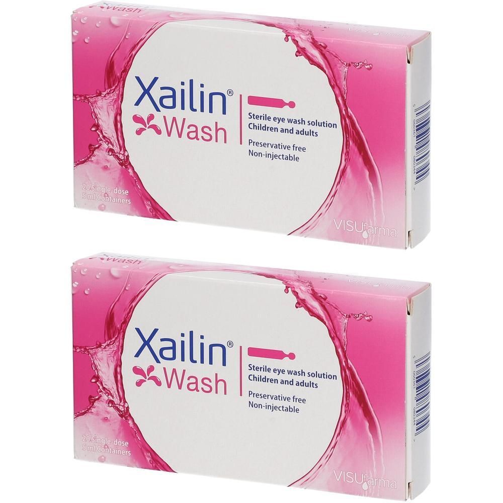 Due confezioni di Xailin Wash soluzione sterile per lavaggio oculare, per bambini e adulti, senza conservanti.