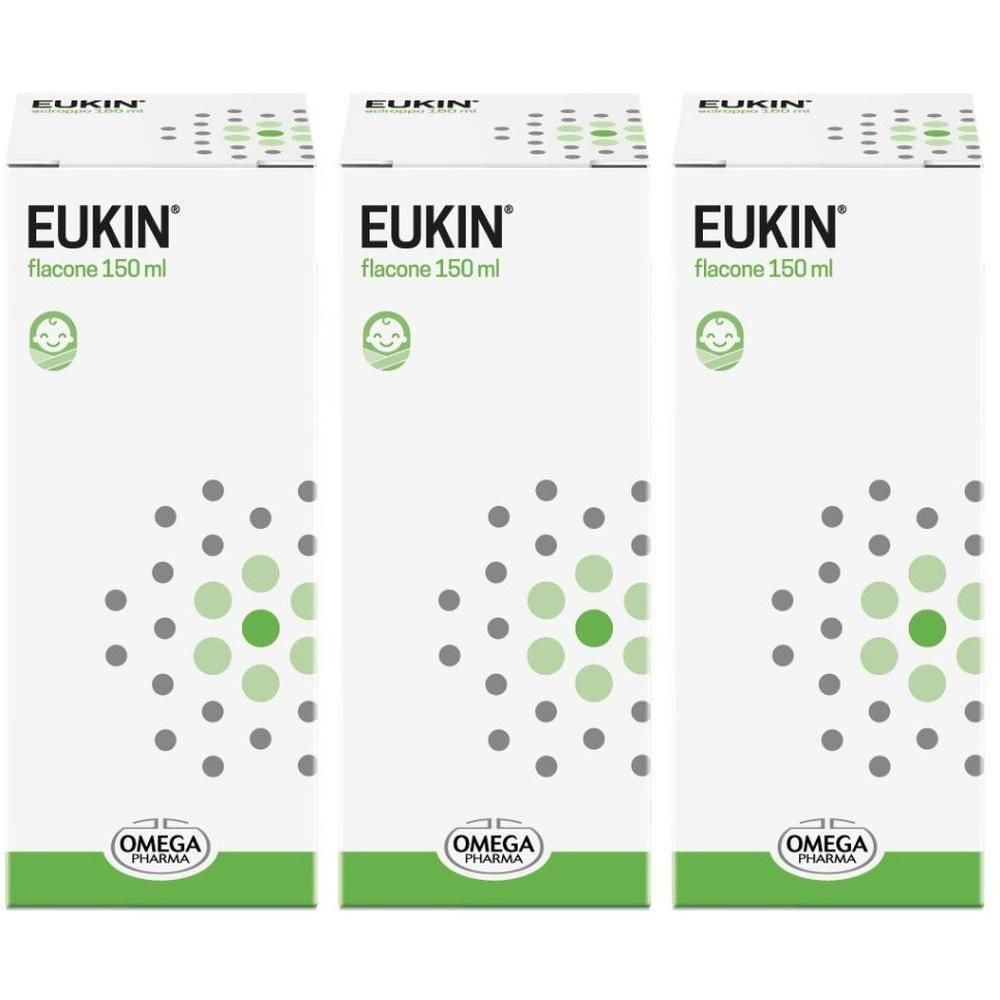 Tre confezioni di EUKIN® Flacone 150 ml con logo Omega Pharma.