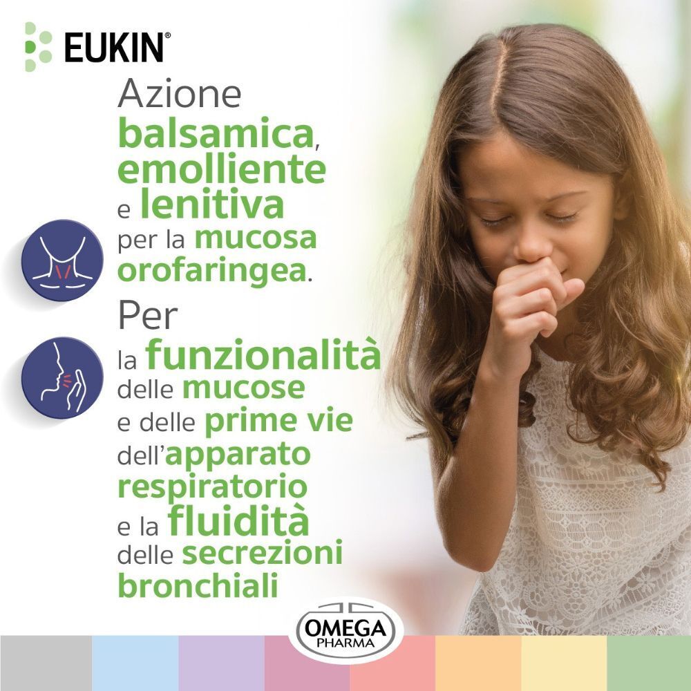 Bambina che tossisce, con testo su EUKIN® per le vie respiratorie.