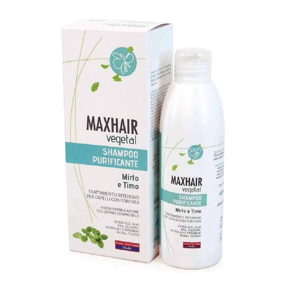 Maxhair vegetal Shampoo Purificante bottiglia e scatola. Con Mirto e Timo.