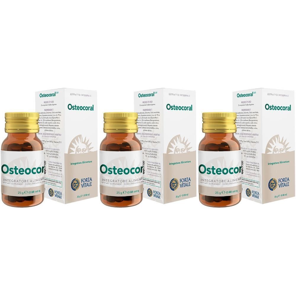 Tre flaconi di Osteocoral integratore alimentare con tappi dorati, accanto ai loro astucci.