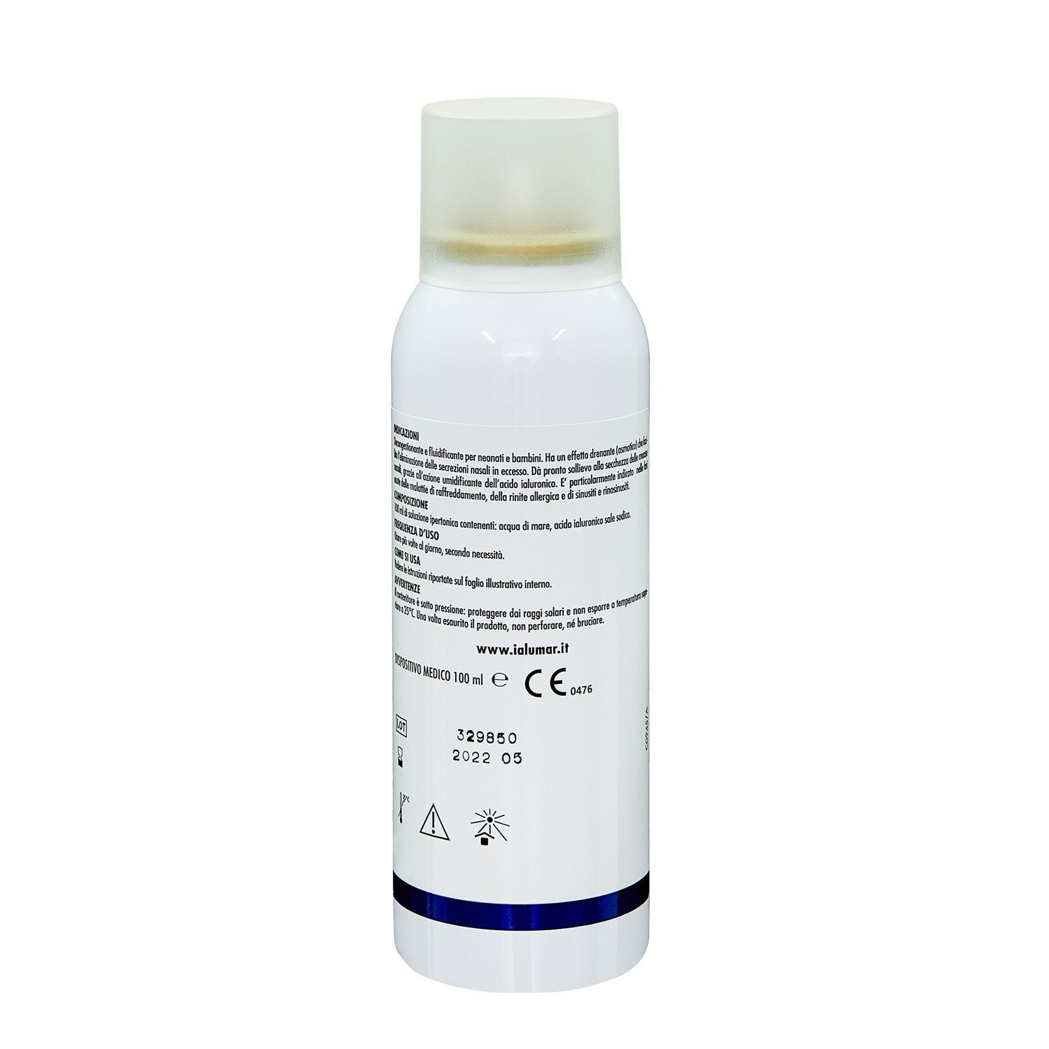 Flacone spray di soluzione ipertonica con acqua di mare e acido ialuronico.