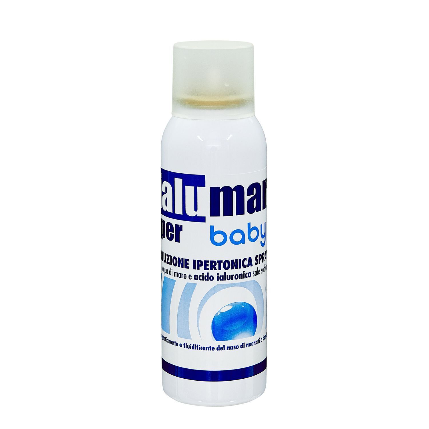Flacone spray da 100 ml di soluzione nasale ipertonica per neonati, con acqua di mare e acido ialuronico.
