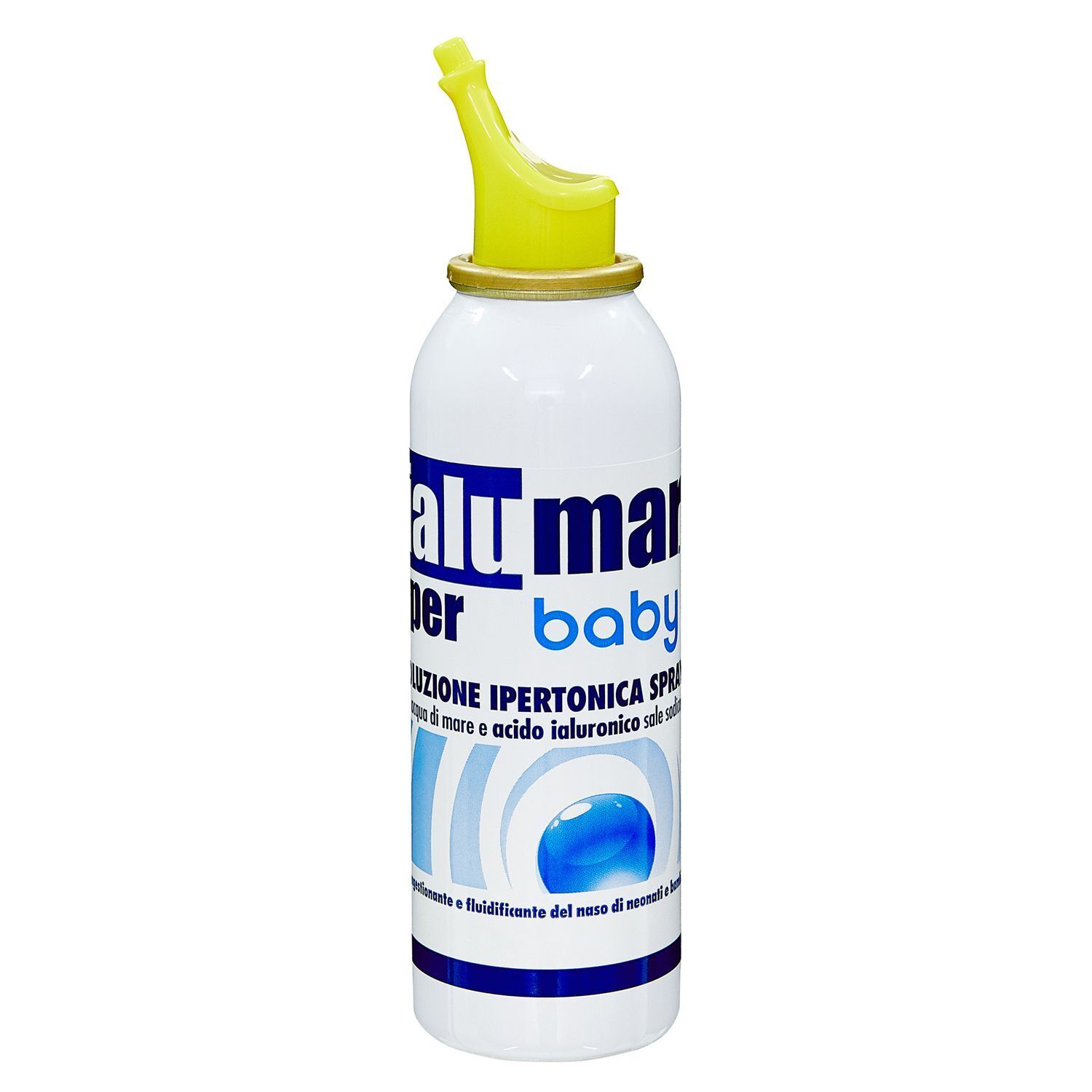 Flacone spray da 100 ml di soluzione nasale ipertonica per neonati, con acqua di mare e acido ialuronico.