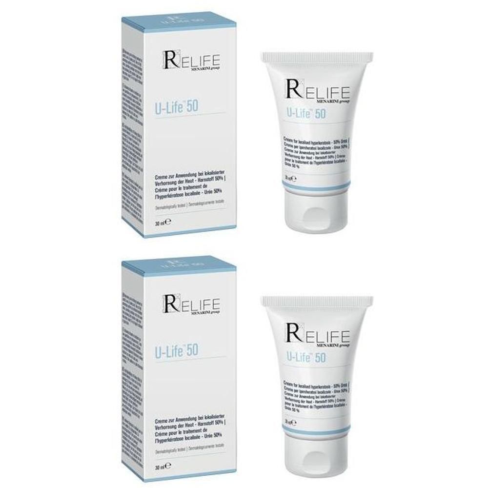 Due confezioni e tubetti di crema U-Life 50 con logo Relife.
