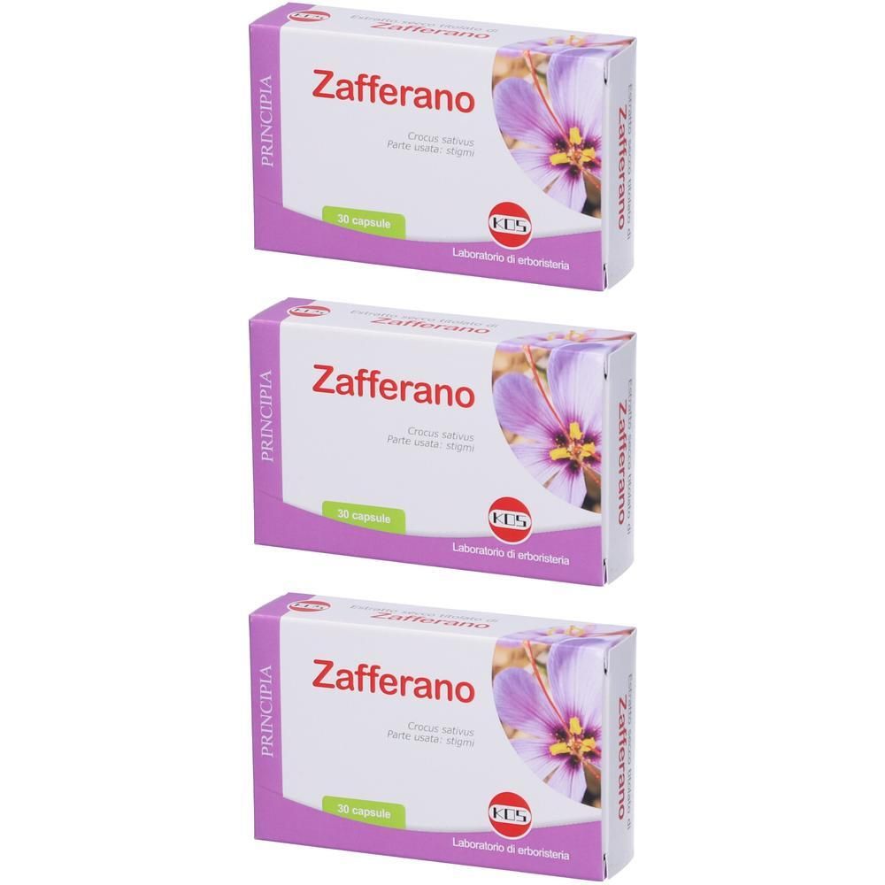 Tre scatole di capsule Zafferano con fiore di zafferano.