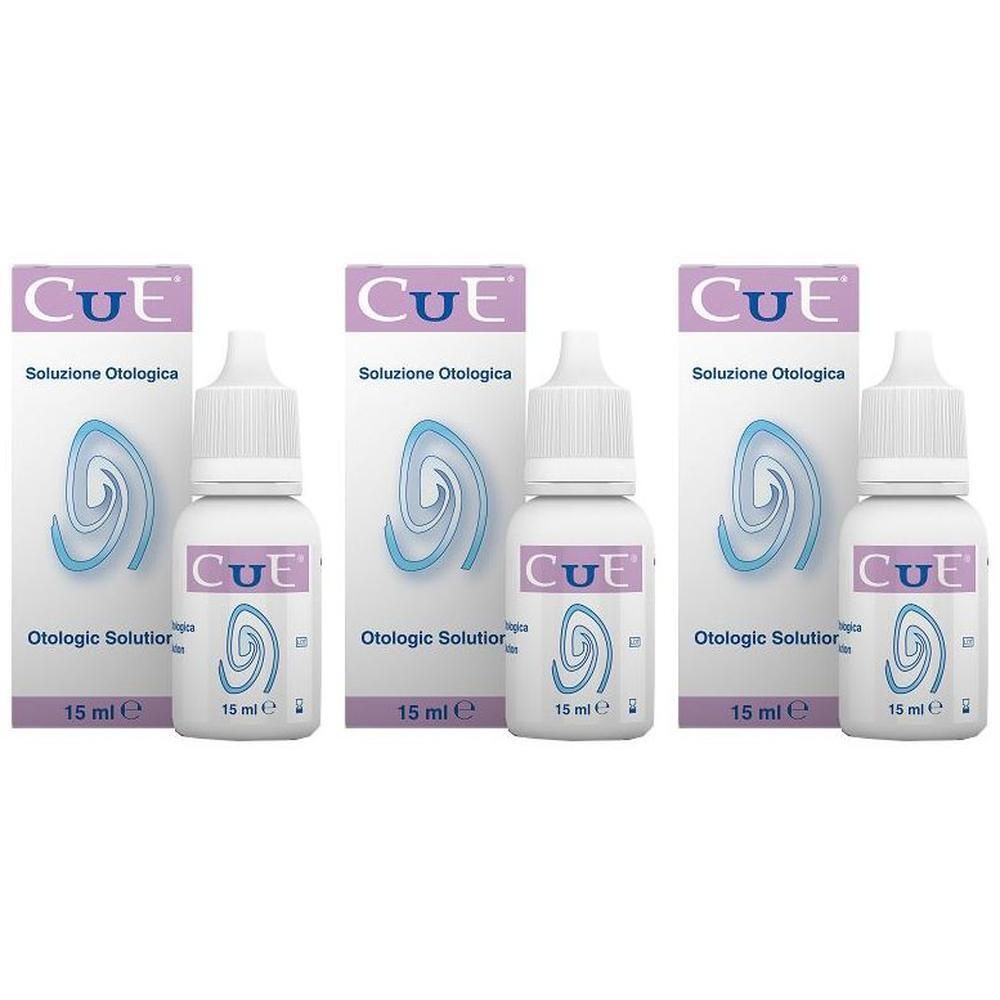 Tre flaconi di soluzione otologica Cue, 15 ml.