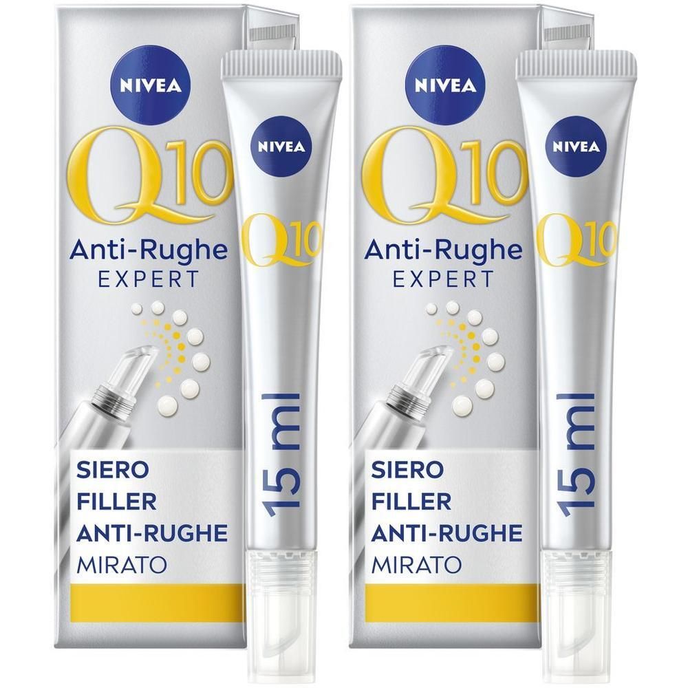 Due tubetti di Nivea Q10 Anti-Rughe Expert Siero Filler con applicatore. Confezione in cartone con informazioni sul prodotto.