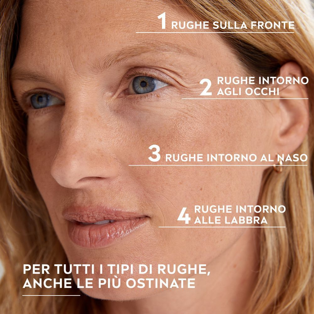 Primo piano di un viso che indica le rughe su fronte, contorno occhi, naso e labbra.