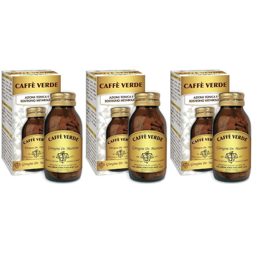 Tre confezioni di Caffe' Verde, ciascuna con due flaconi in vetro marrone con etichette dorate.