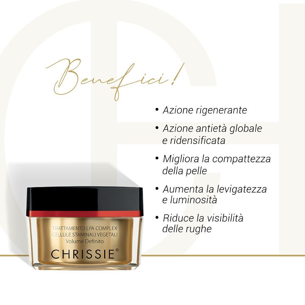 Vasetto dorato con tappo nero. Chrissie LPA Complex Cellule Staminali Vegetali. Testo: Benefici!