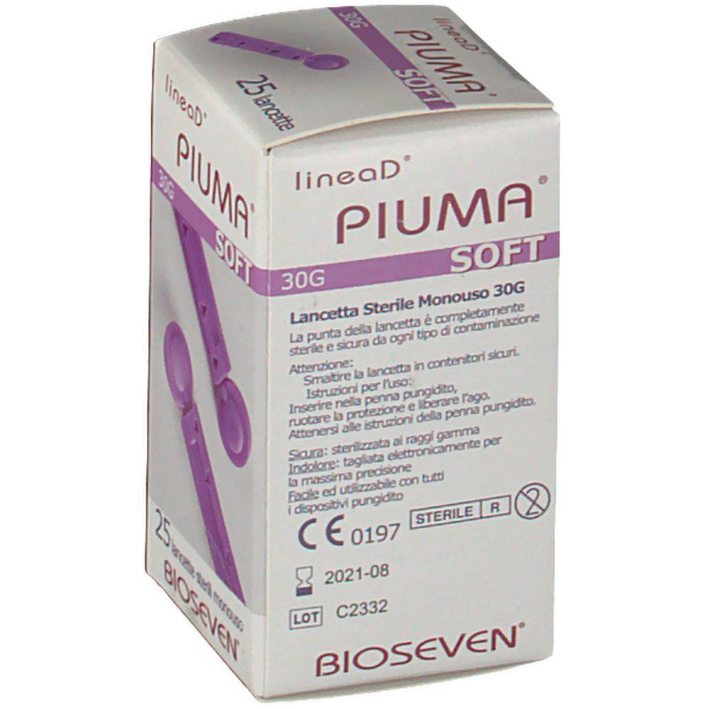 Confezione da 25 lancette sterili monouso, 30G, marca Piuma Soft.