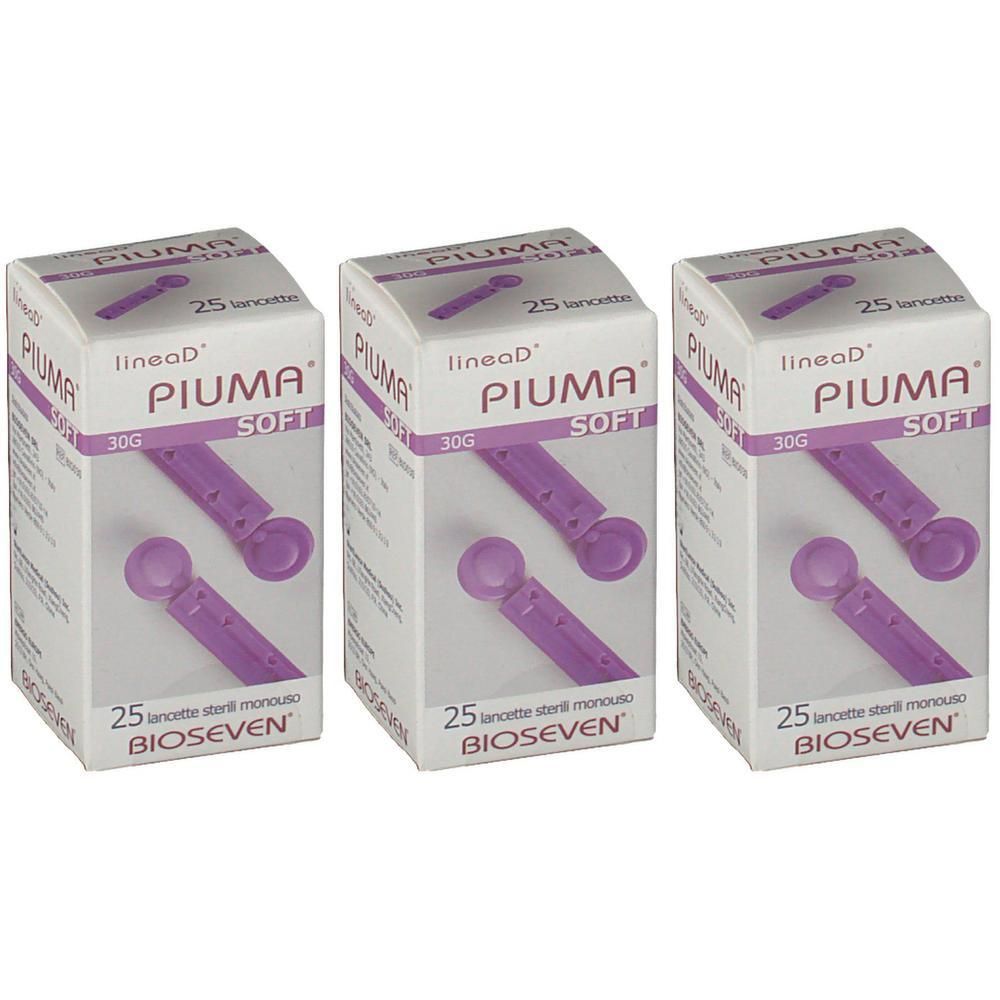 Confezione da 25 lancette sterili monouso, 30G, marca Piuma Soft.