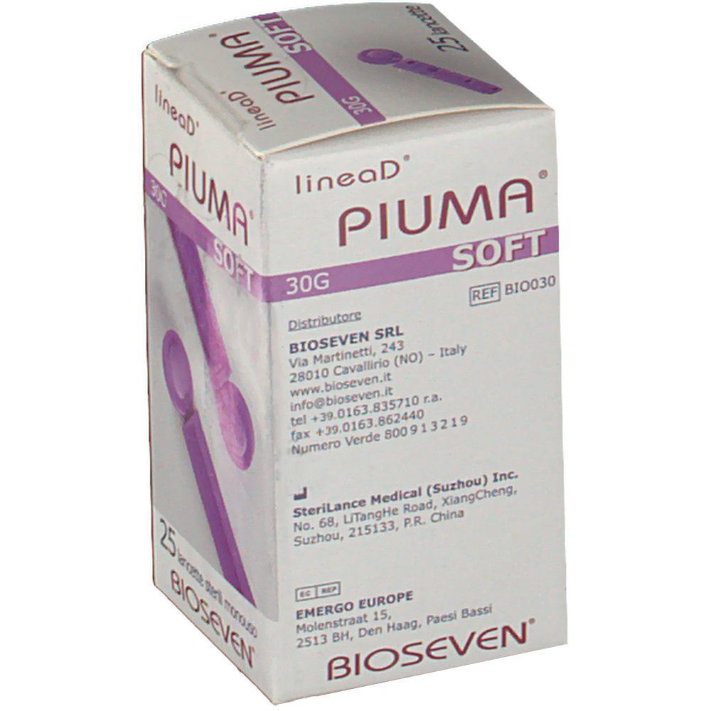 Confezione da 25 lancette sterili monouso, 30G, marca Piuma Soft.