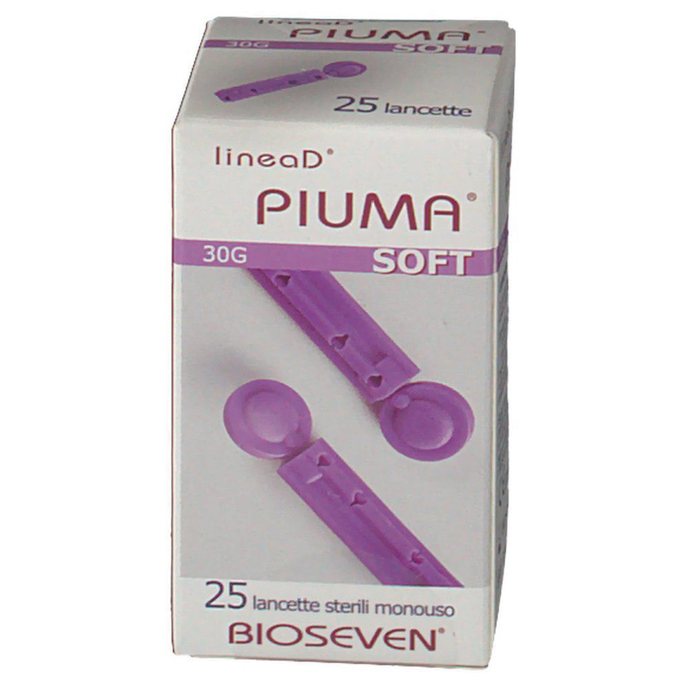 Confezione da 25 lancette sterili monouso, 30G, marca Piuma Soft.
