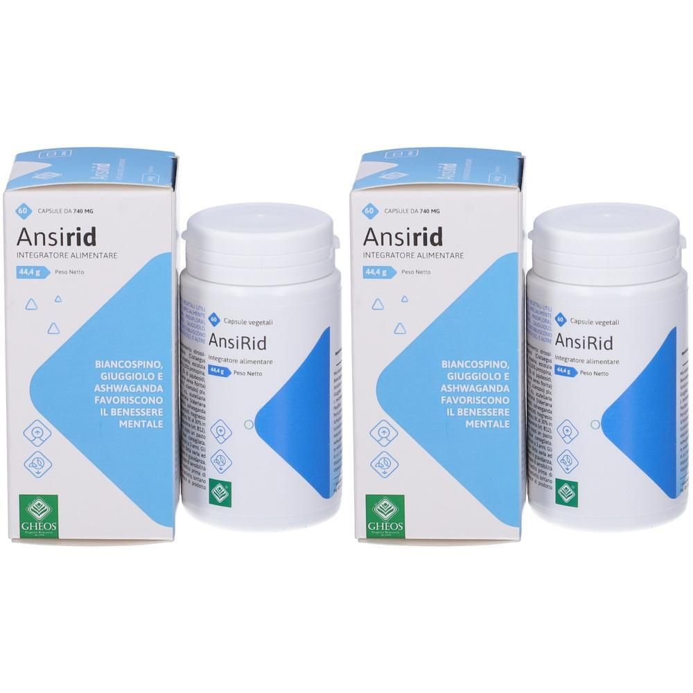 Due confezioni e due flaconi di integratore alimentare Ansirid. Flaconi bianchi con accenti blu e scatole.