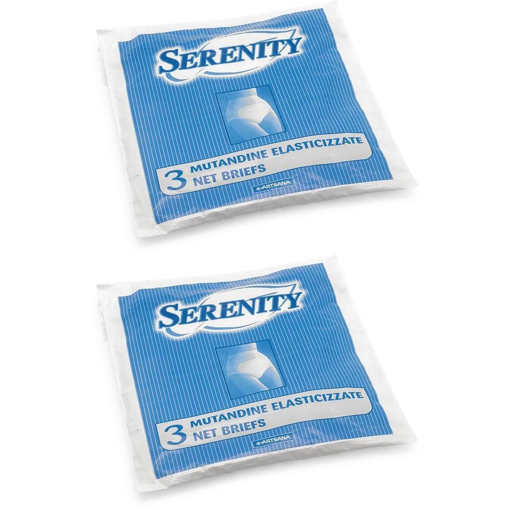 Due confezioni di Mutandine Elasticizzate Serenity, 3 pezzi per confezione. Confezione blu con scritte bianche.