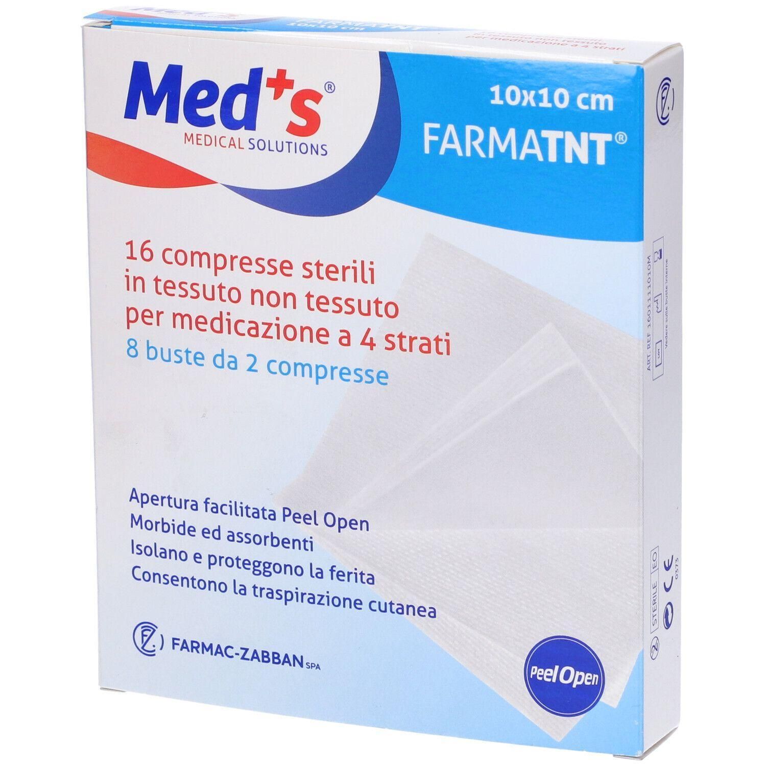 Med's FARMATNT compresse sterili, 10x10 cm, 16 pezzi in 8 buste, tessuto non tessuto, 4 strati.
