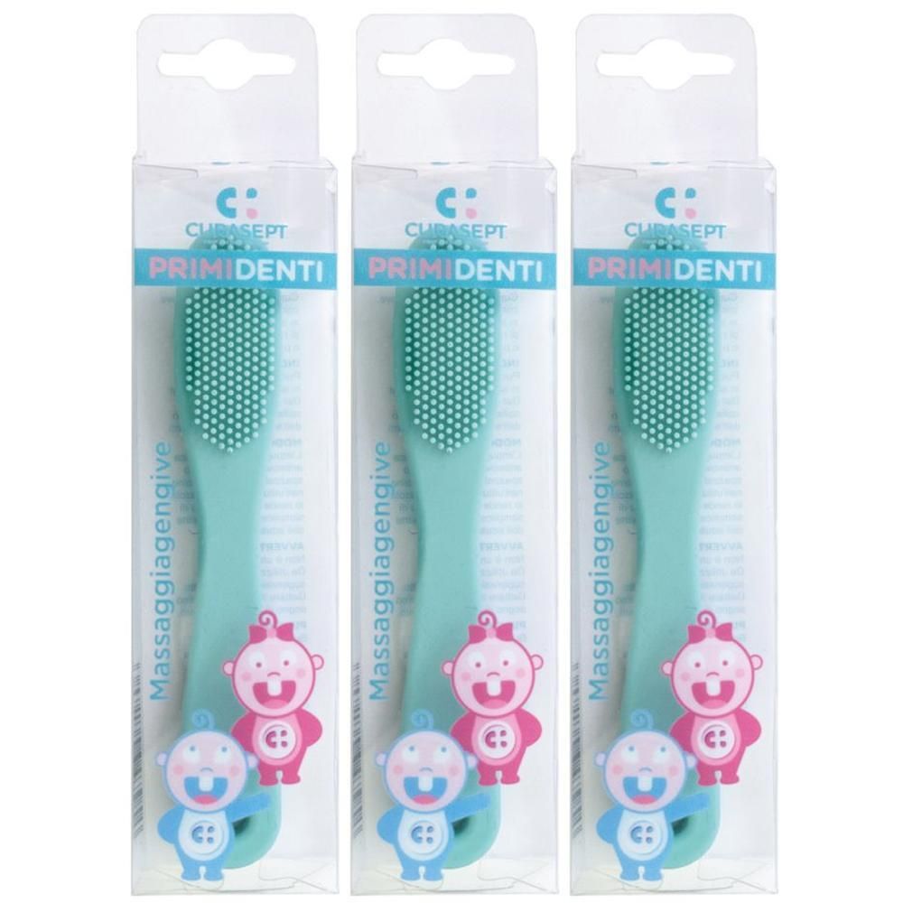 Tre spazzolini da dentizione per neonati turchesi con setole morbide e impugnature decorate con bebè.