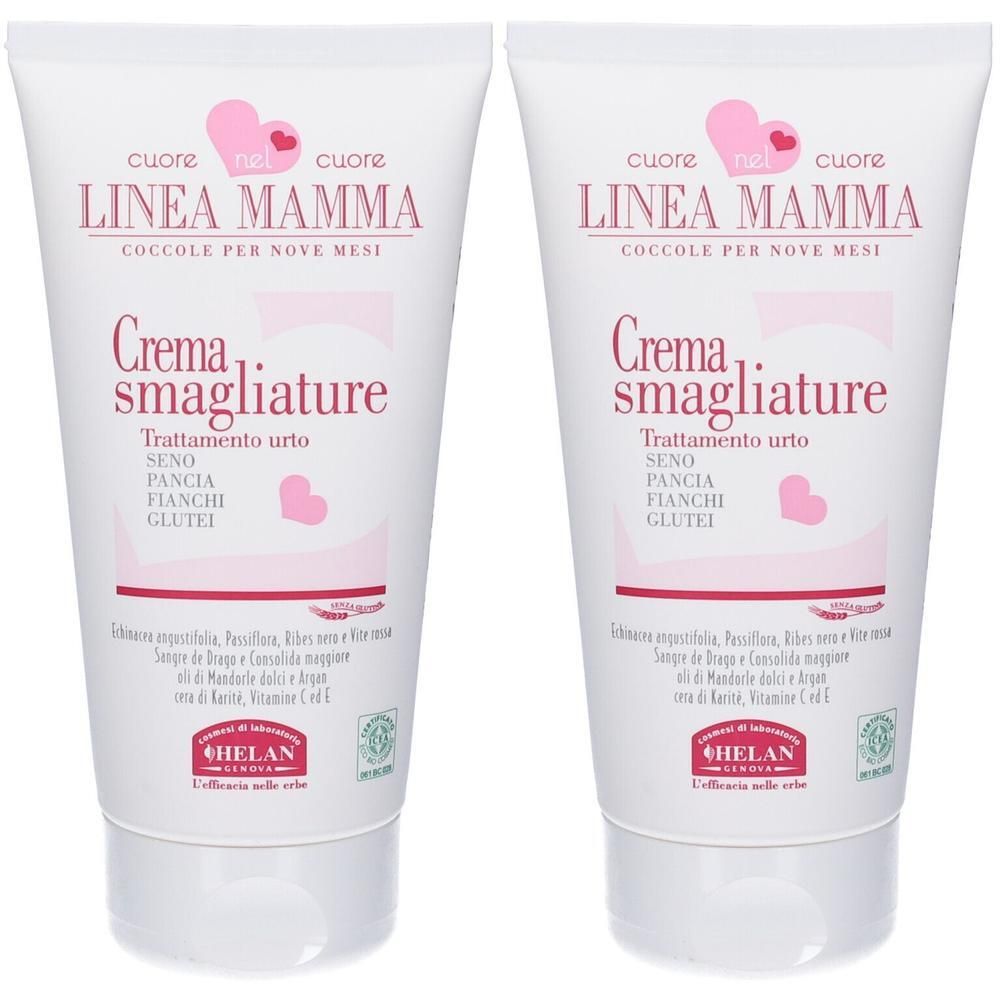 Due tubi di "Linea Mamma Crema Smagliature" Helan. Tubi bianchi con scritte rosa e cuori.