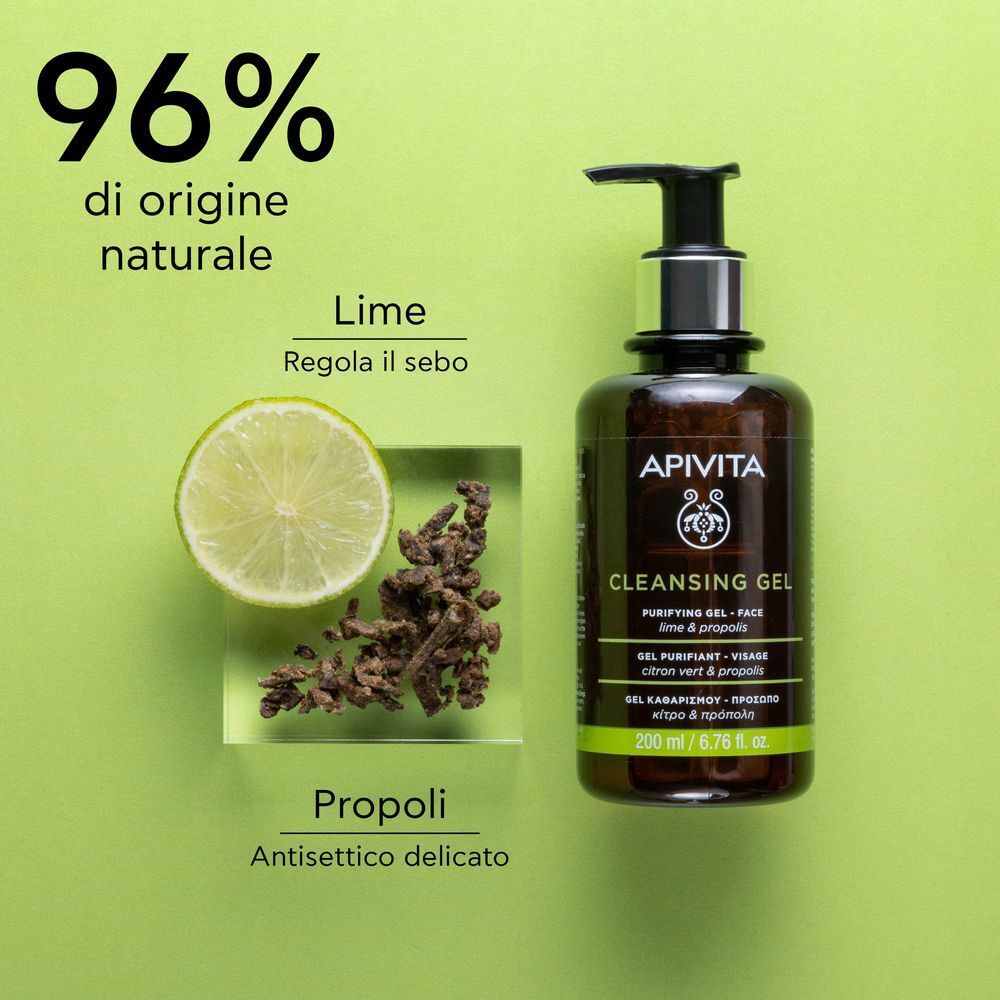 Apivita Gel Detergente Delicato Purificante Viso con Lime e Propoli per pelle grassa