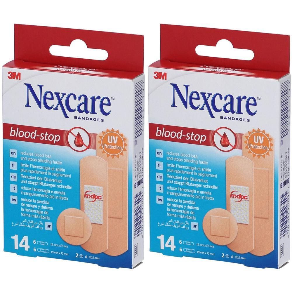 Due confezioni di cerotti Nexcare blood-stop. Ogni confezione contiene 14 cerotti.