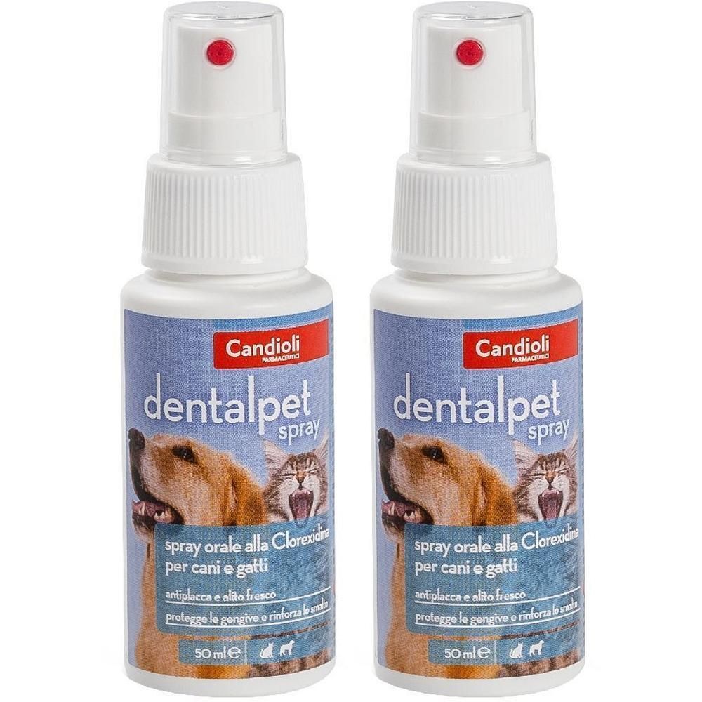 Due flaconi di spray orale Candioli dentalpet per cani e gatti.