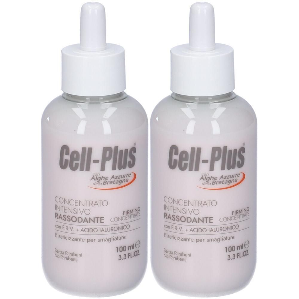 Due flaconi Cell-Plus con contagocce. Concentrato rassodante con alghe e acido ialuronico.