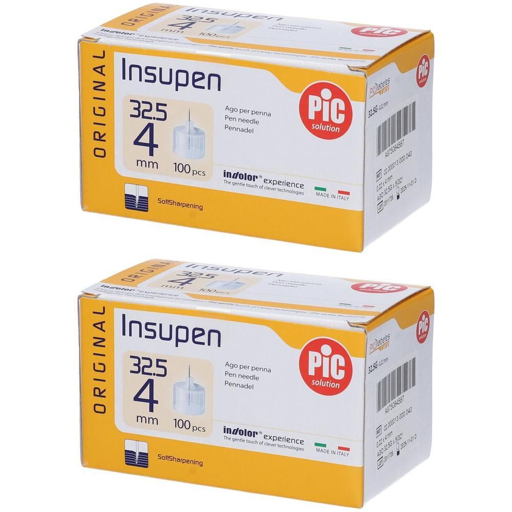 Due confezioni di aghi per penna Insupen 4mm, 100 pezzi per confezione.