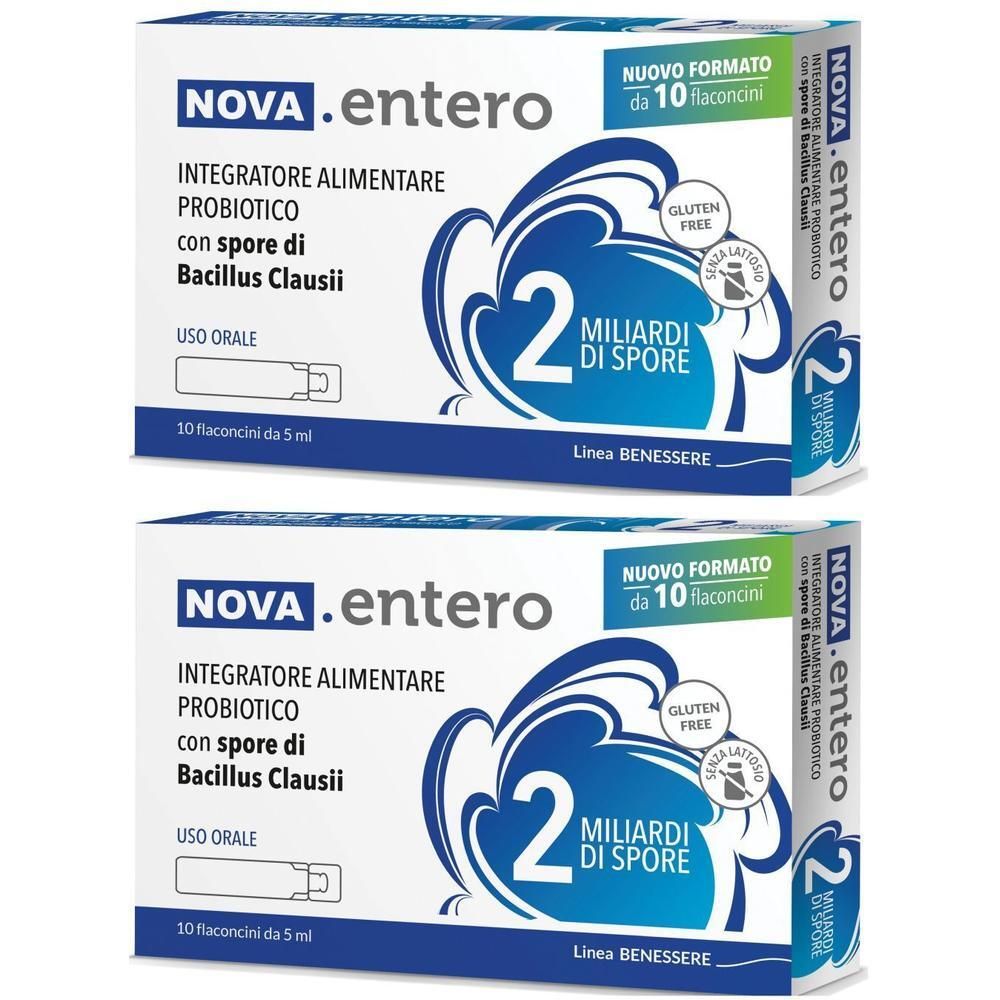 Due confezioni di NOVA.entero probiotico con spore di Bacillus Clausii, 10 flaconcini per confezione.