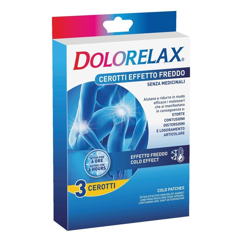 Confezione da 3 cerotti Dolorelax effetto freddo. Mostra articolazioni umane, i cerotti effetto freddo sono attivi per 6 ore.