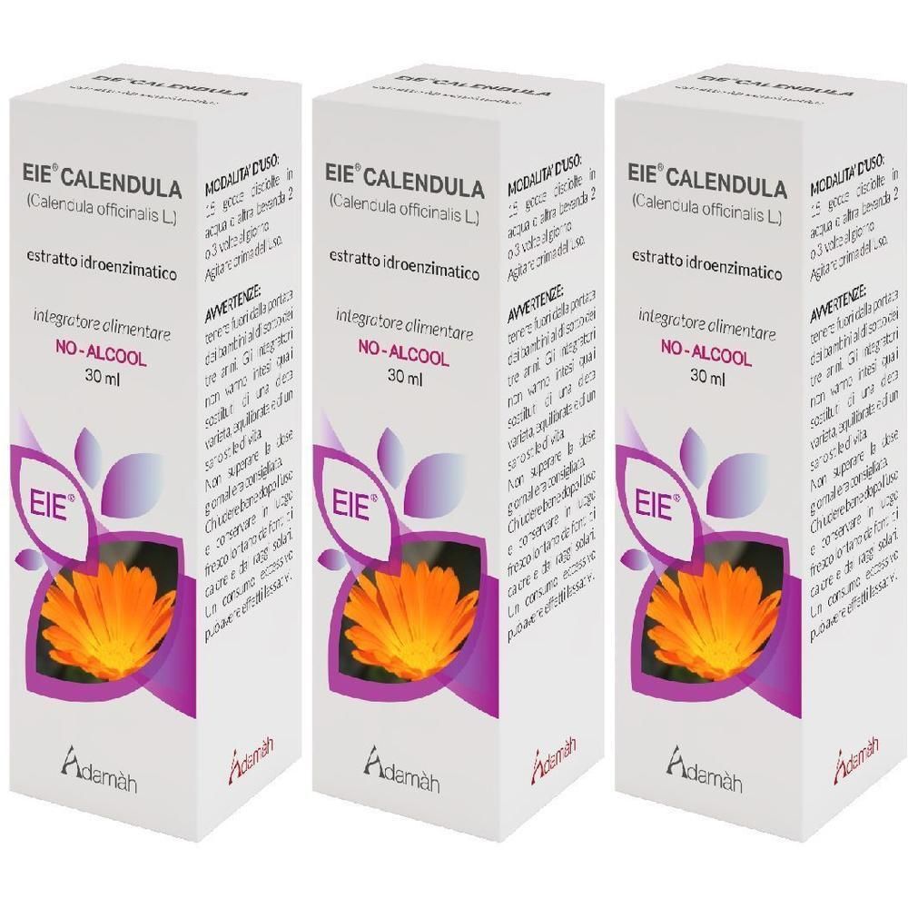 Tre confezioni Eie Calendula, 30 ml, senza alcol. Motivo di calendula e nome del marchio.