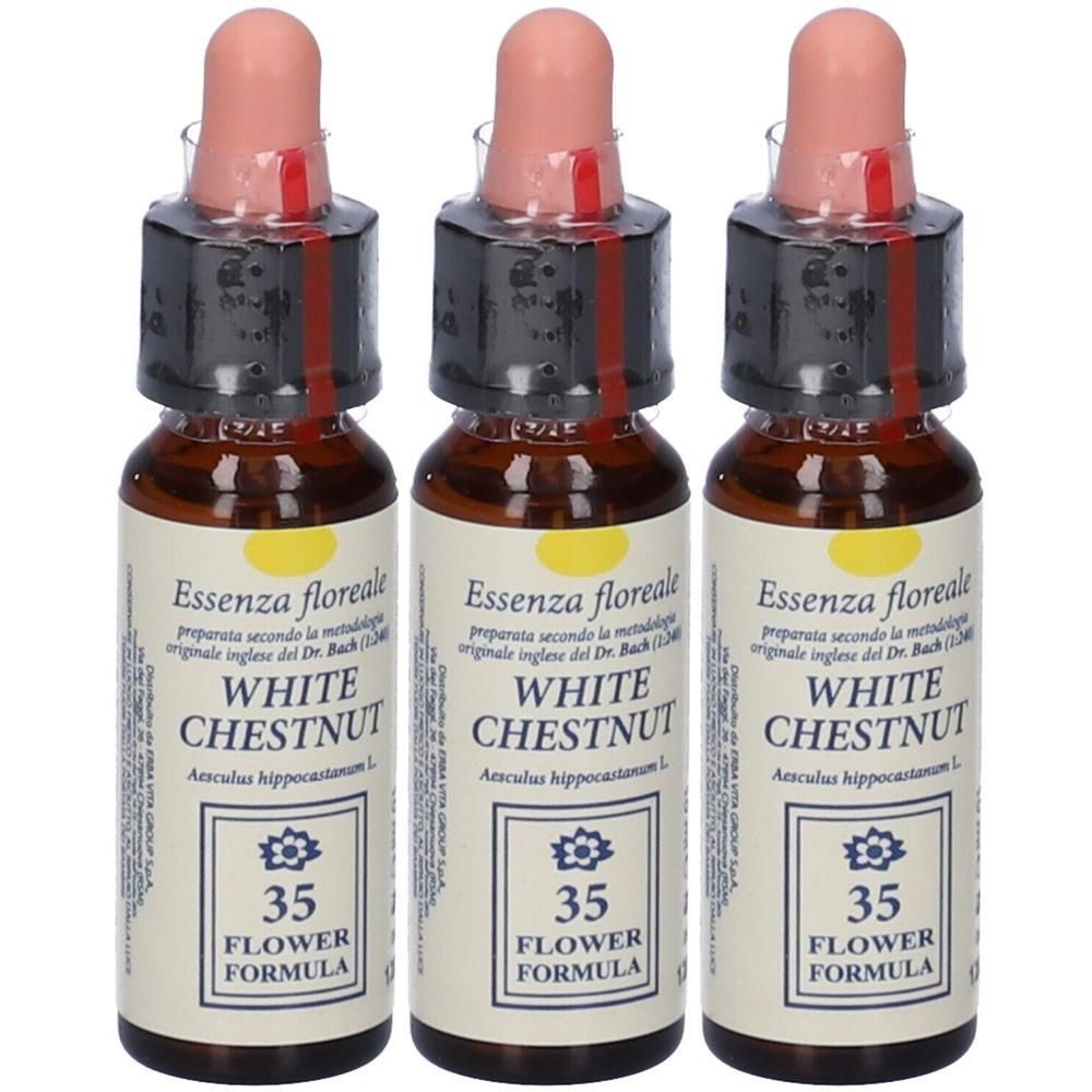 Tre flaconi di White Chestnut Flower Formula 35 con contagocce.