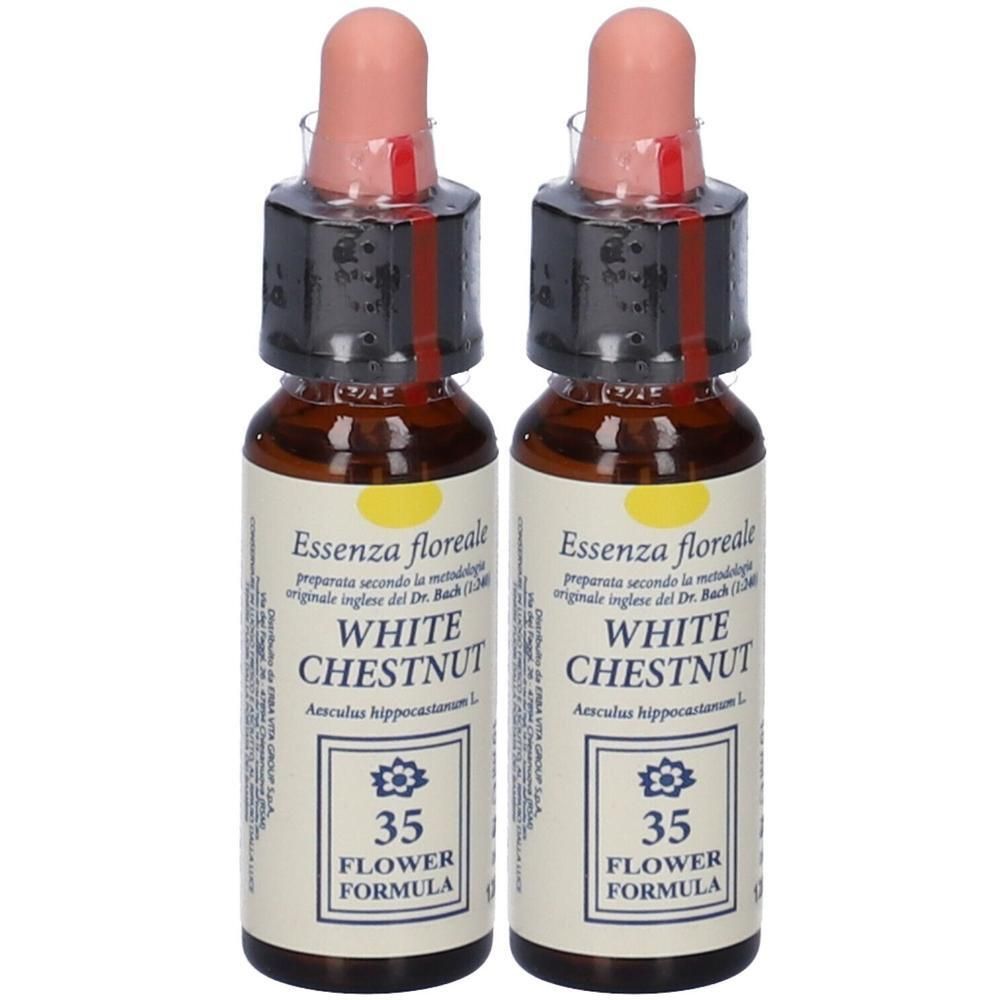 Due flaconi di White Chestnut Flower Formula 35 con contagocce. Flaconi in vetro marrone con etichette.