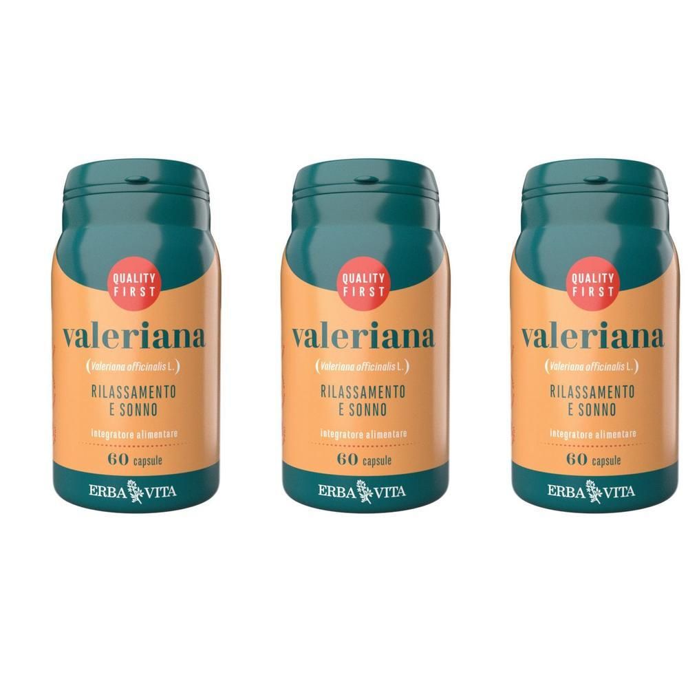 Tre flaconi di Valeriana Erba Vita, ciascuno da 60 capsule. Etichette arancioni con tappi blu.