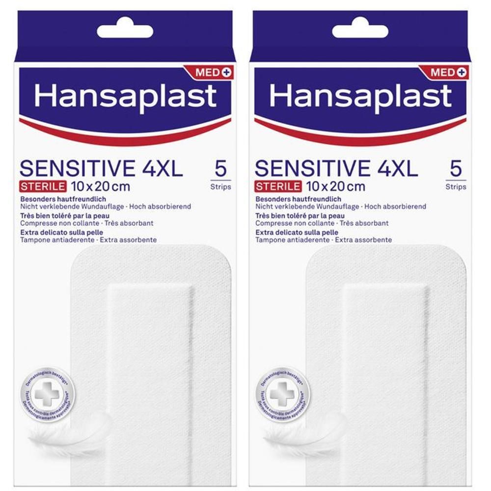 Due confezioni di cerotti sterili Hansaplast Sensitive 4XL, 5 pezzi, 10x20 cm.
