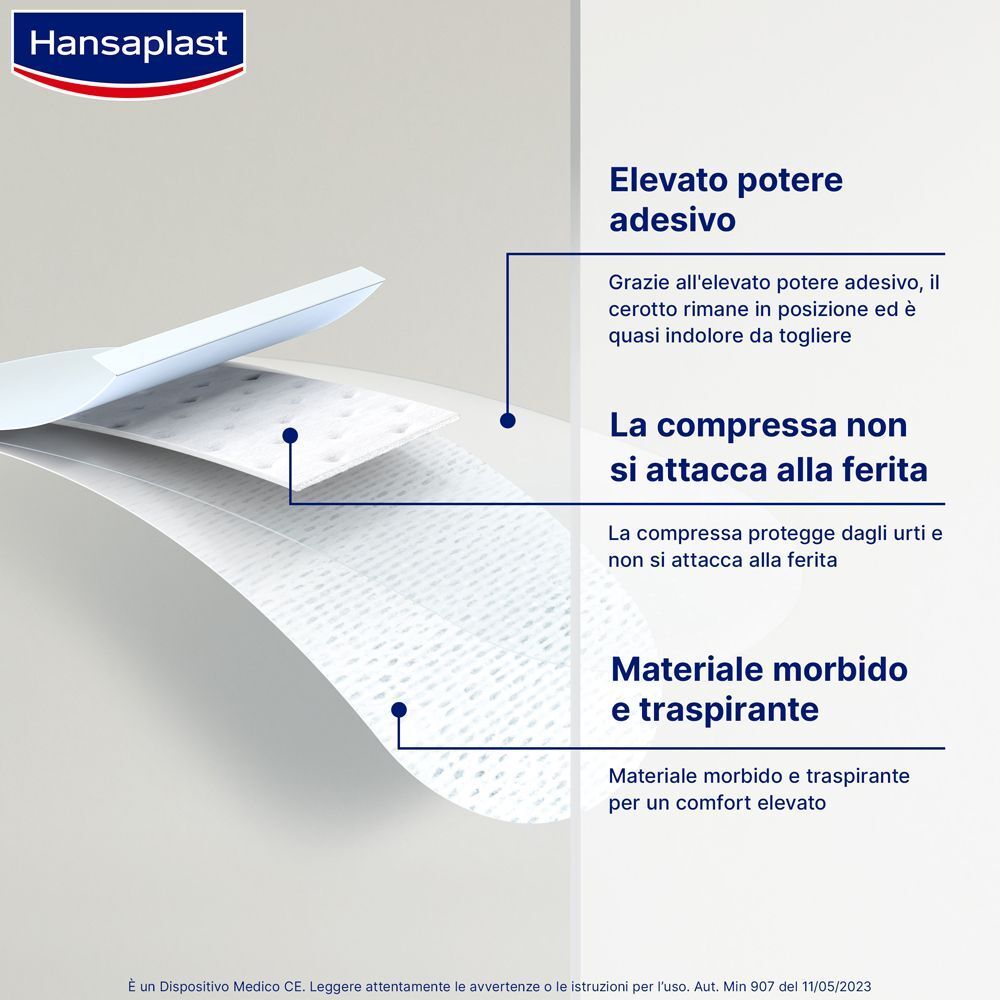 Cerotti Hansaplast Sensitive 4XL: forte adesività, compressa non aderente, materiale morbido.