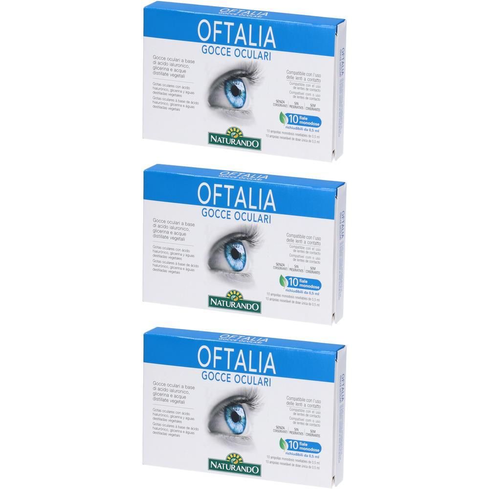 Tre confezioni di Gocce Oculari Oftalia con immagine di occhio e logo Naturando.