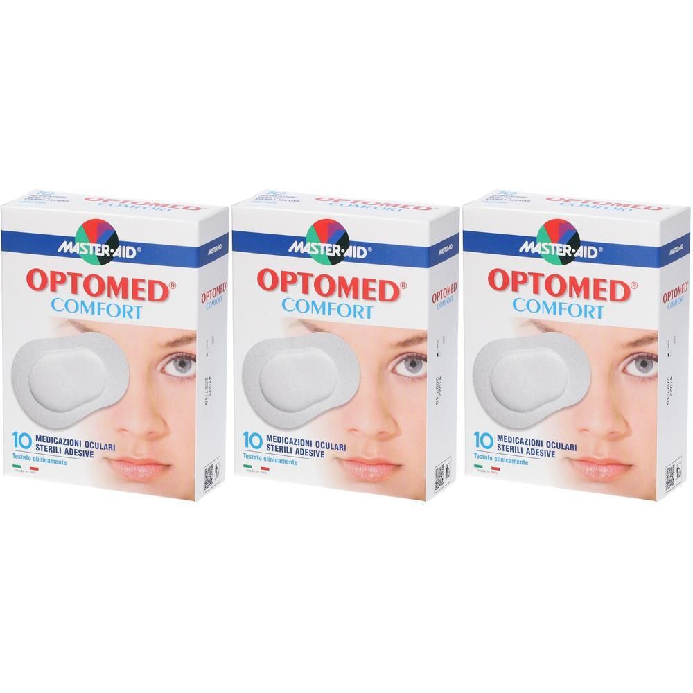 Tre confezioni di cerotti oculari Optomed Comfort, ciascuna con 10 medicazioni oculari sterili adesive.
