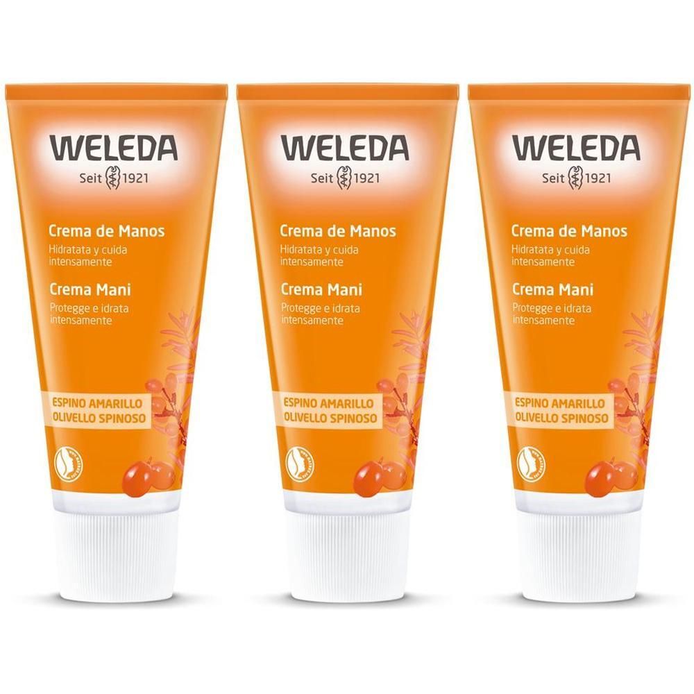 Tre tubetti di WELEDA Crema Mani Olivello Spinoso, arancioni con tappo bianco.