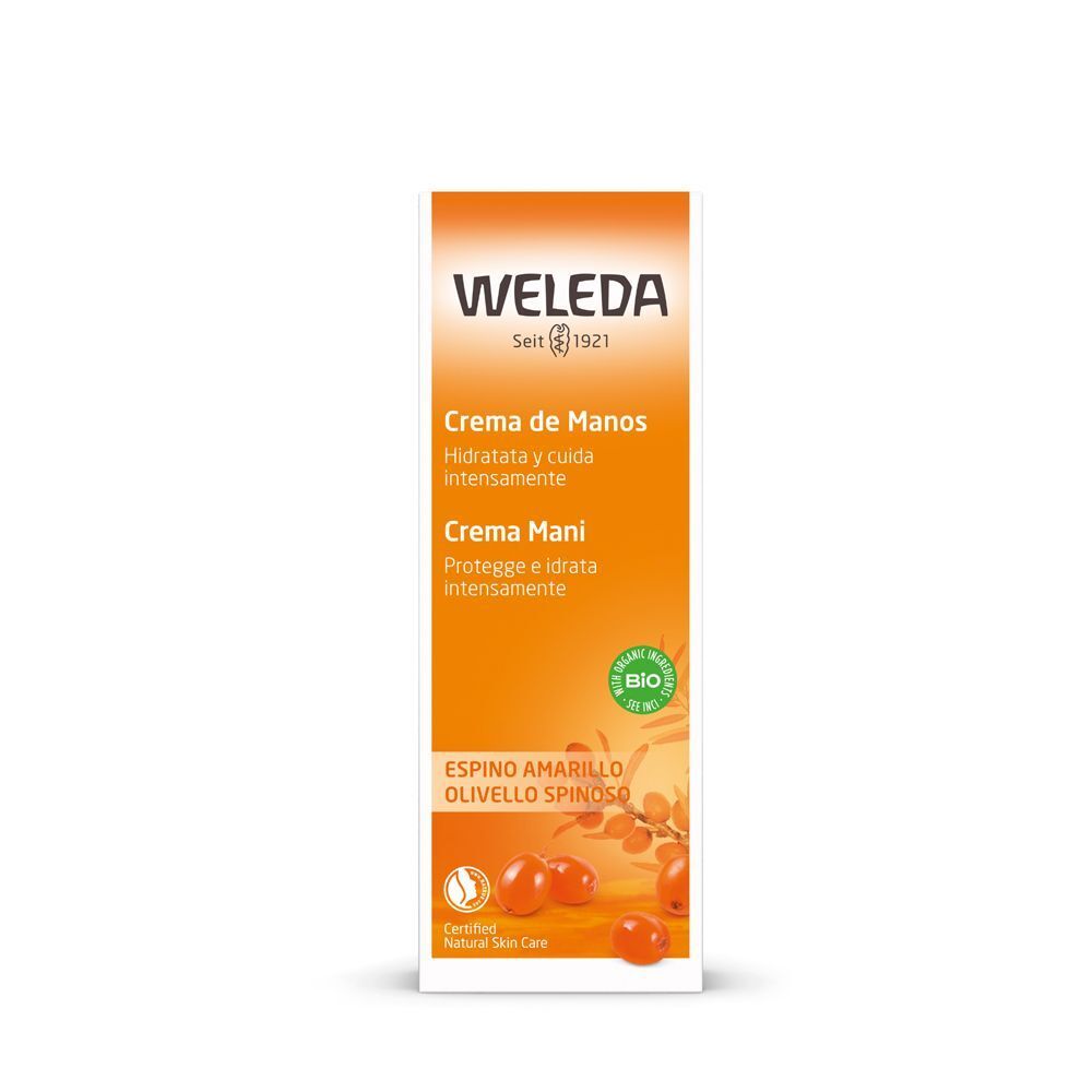 WELEDA Crema Mani Olivello Spinoso in confezione arancione con sigillo BIO.