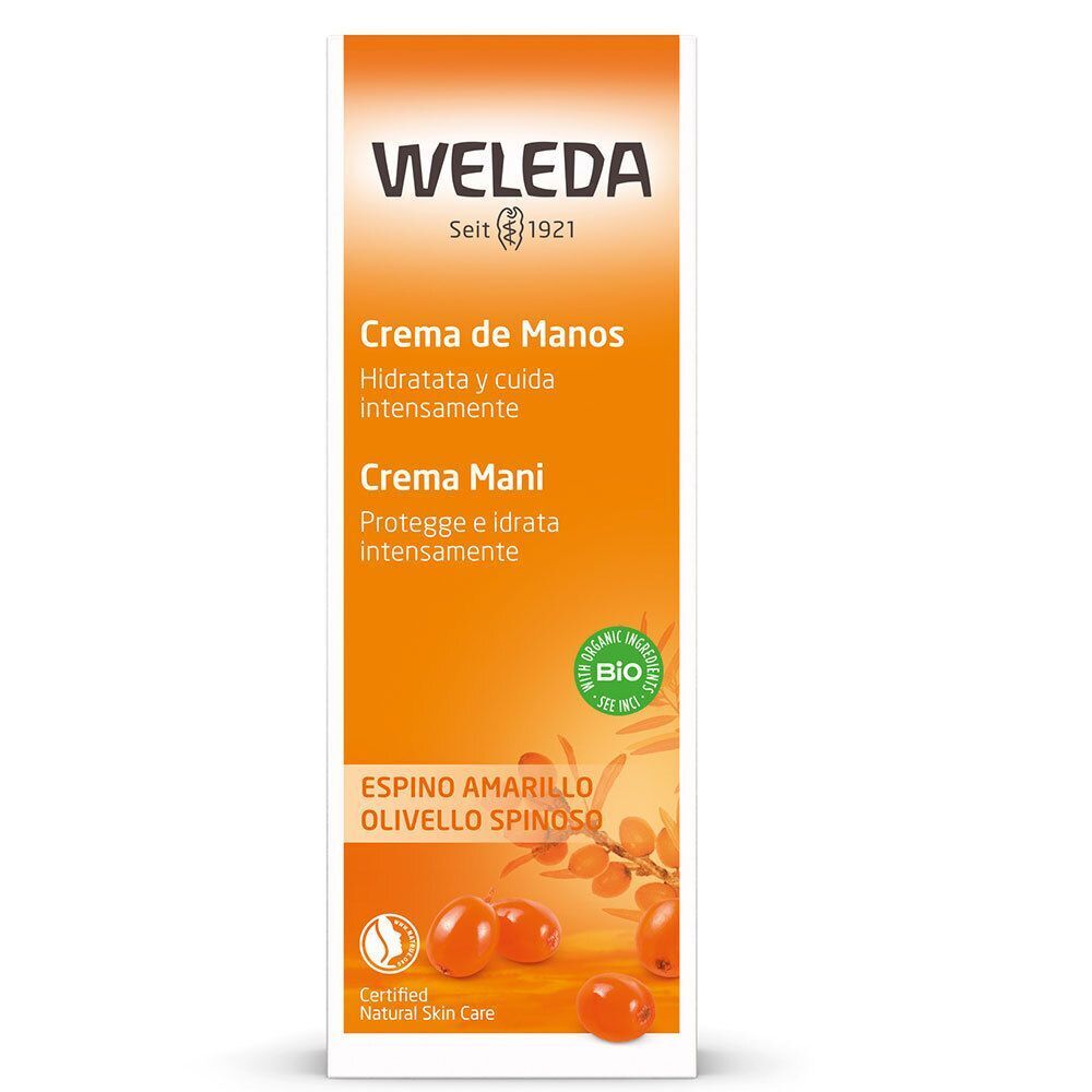 WELEDA Crema Mani Olivello Spinoso in confezione arancione con sigillo BIO.