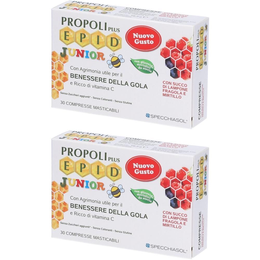 Due scatole di compresse masticabili SPECCHIASOL E.P.I.D.® Junior con design a nido d'ape e frutti di bosco.